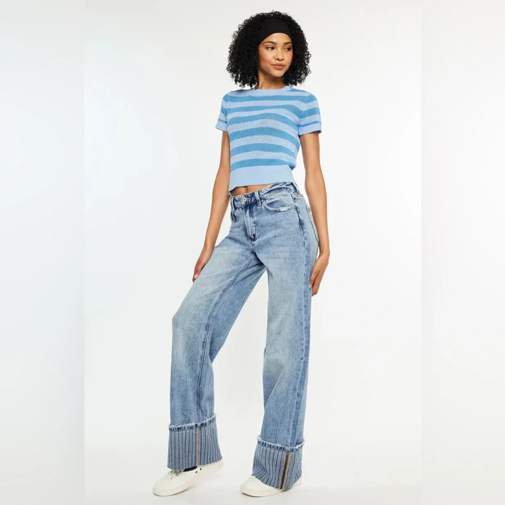 NWT KanCan High Rise Wide Leg Jeans Stripe Cuff Size 29 Medium Wash Flare - Picture 3 of 7